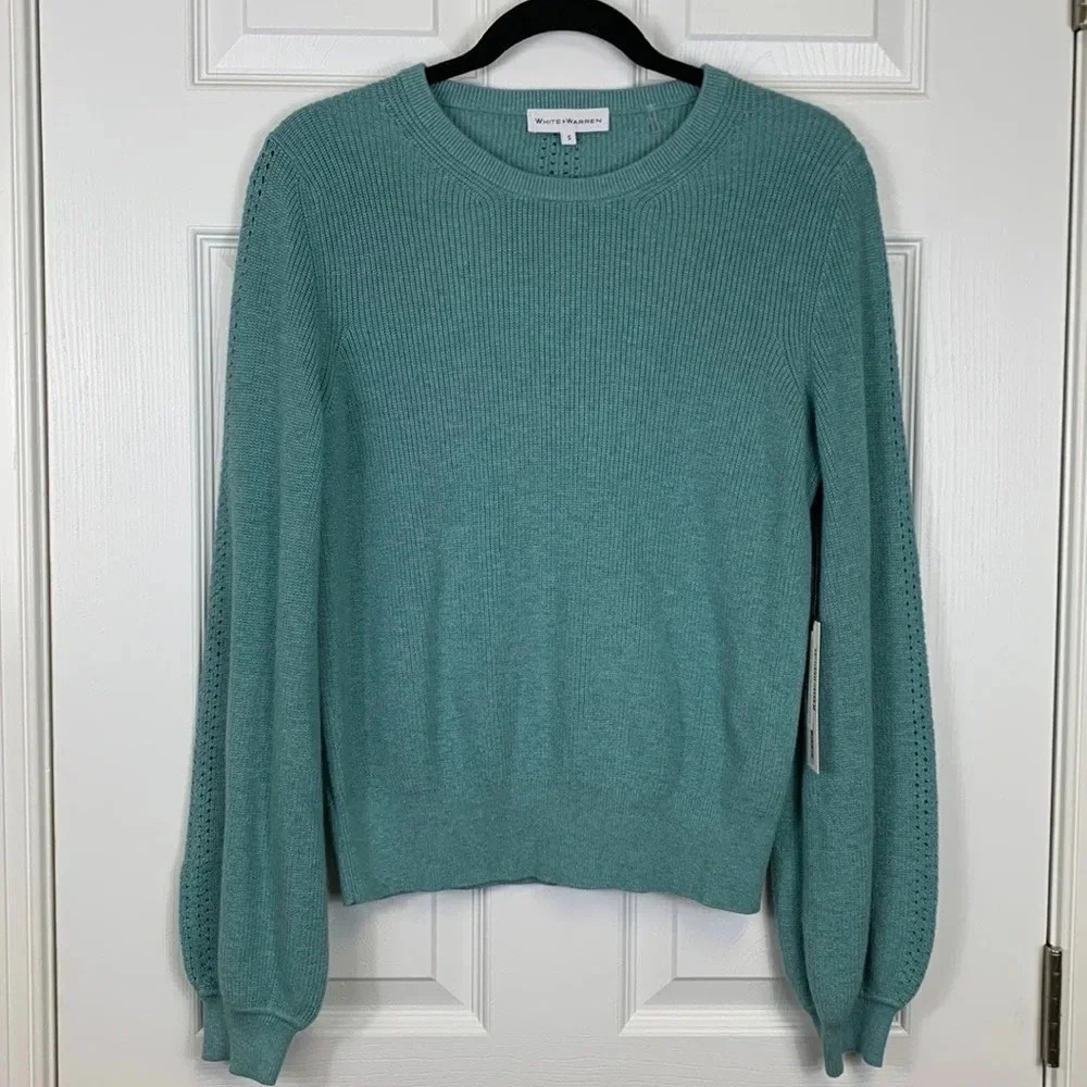 NWT White + Warren cotton silk blouson sleeve crewneck jade sweater sz sm
